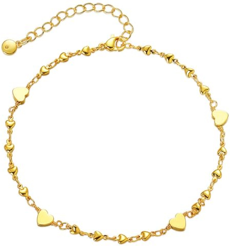 Ecripe 18K Gold Plated Anklet for Women, Heart Foot Chain Love Ankle Bracelet, Adjustable Boho Beach Beaded Anklet Gifts for Girls
