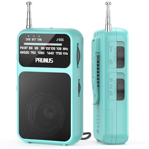 PRUNUS J-555 Am/FM Radio Portatil Pequeña Recargable, Carga USB-C, Radios Pequeña Pilas, con Toma de Auriculares, Transistor Radio de Bolsillo con Clip y cordón para Correr, Acampar. (Azul)
