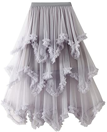 Edhomenn Women's Y2k Tulle Skirt Irregular Pleated Elastic High Waist Layered Tutu Skirt Mesh A-line Midi Skirt Streetwear (05 Grey, ONE Size)