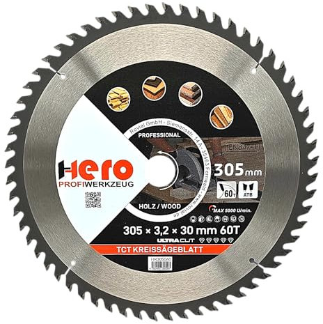 HERO Kreissägeblatt 305 x 30/20 mm 60 Zähne Hartmetall Sägeblatt TCT Ersatzsägeblatt für Holzbearbeitung Weich & Hartholz, Nichteisenmetalle Universal Handsäge, Gehrungssäge, Tischkreissäge, Kappsäge