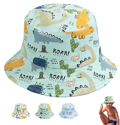 LHLZNB Baby solhatt 0-48 månader småbarn solskydd djurmössa för pojkar flickor unisex sommar hinkhatt med justerbar hakrem UV-skydd UPF 50+, Grön dinosaurie, S-M