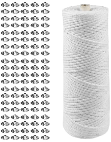 Mechas para velas, 1 rollo de mechas trenzadas de 100 m con 100 unidades de portamechas para velas, mecha plana de algodón para hacer velas, mechas para velas
