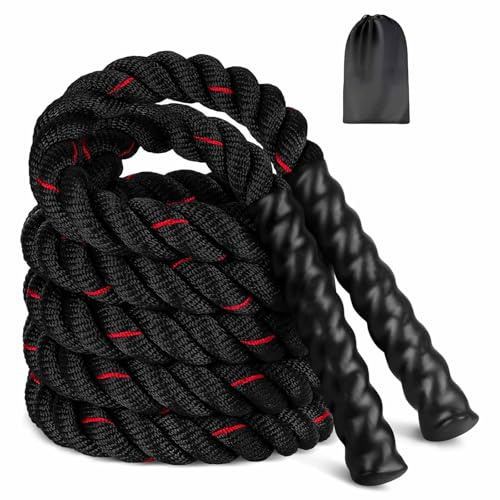 Tung hopprep, träningsrep, Battle Ropes, slaktrep, 280 cm/0,6 kg, viktt hopprep, träningssrep med träningspost för styrketräning, muskelträning och helkroppsträning (svart röd)