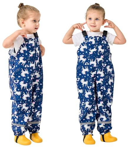 Baogaier Kids Rain Dungarees Girls Waterproof Bib Overalls Rain Trousers Mud Dirty Proof Pants with Reflective Strip Outdoor Lightweight Play Cycling Rainwear for 5-6 Years, Navy Horse