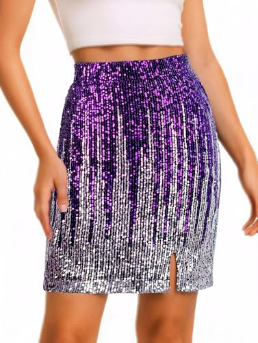 Paljettkjol glittrande hög midja stretchig bodycon minikjolar fest utekväll klubbkläder för kvinnor, Lilasilver, XXL
