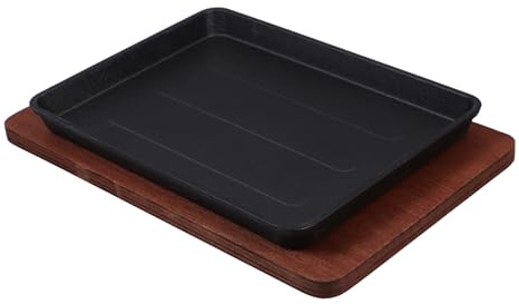UKCOCO Sartén Cuadrada Para Barbacoa 23,2x17,5 Cm Hierro Fundido Antiadherente Con Base De Madera Utensilio De Cocina Para Asar Filetes y Parrilla Servicio Hogar y Restaurante