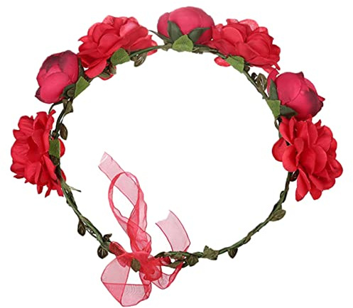 DECOMELODY Braut Haarschmuck Roter Rosen Blumenkranz Haarreif für Hochzeit und Party Langlebig Farbecht Eleganter Künstlicher Blumen Kopfschmuck für Damen und Mädchen