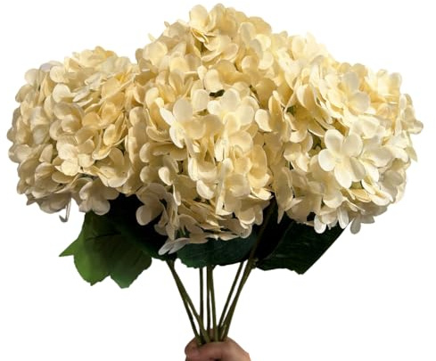 WISTART 8 Pcs Large Hydrangea Artificial Flowers 27.5 inches Realistic Single Long Stem Full Faux Silk Hydrangea Bouquets Flowers Arrangements Home Decor DIY Wedding Centerpieces(Champange)
