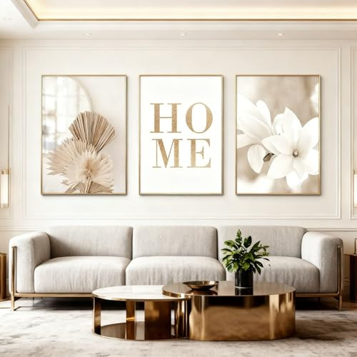 3er Poster Boho Beige Cattail Leinwandbilder Bilder,Moderne Weiße Magnolie Pampasgras Wandbilder Schlafzimmer Bild,Weiße Blumen,Pflanzen,Totes Gras bilder Wohnzimmer Ohne Rahmen (40*50cm,A)