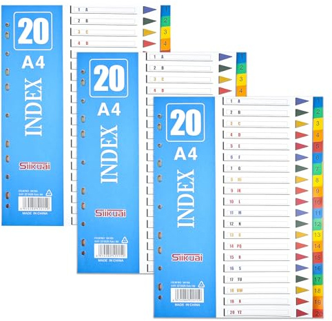 3er-Packung A4 Register Trennblätter – 20-teilig Kunststoff Porös mit 11 Löchern, Mehrzweck Indextrenner für Schule/Büro/Zuhause (gemischte Farben, 225x297mm)