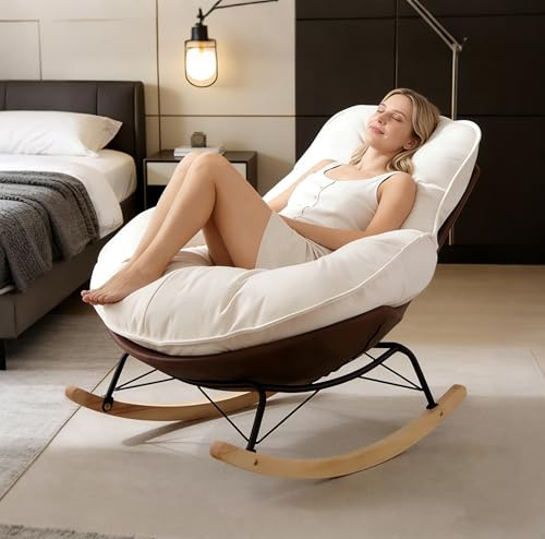 AuraFurn Mecedora, mecedora ergonómica, cojín de asiento y respaldo extra grueso, moderno sillón para sala de estar y dormitorio, base de madera estable y marco de metal, resistente a caídas