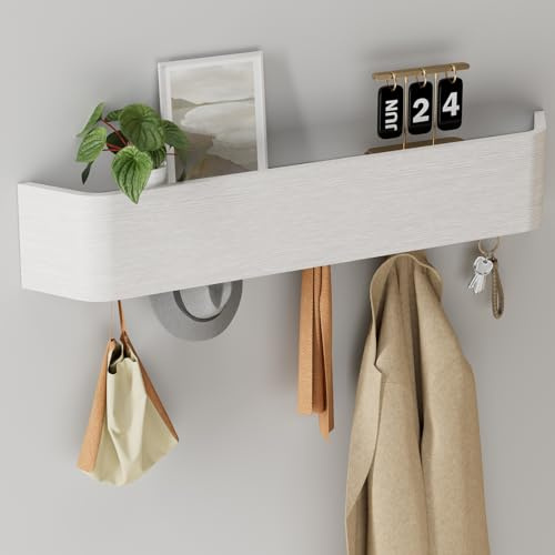 Huracan Wandgarderobe Modern Design 57cm, Eiche Garderobenleiste mit Verdeckten Haken, Holz Garderobe Kleiderstange Garderobenhaken für Flur, Schlafzimmer & Eingang, Wandmontage Platzsparend, Weiß