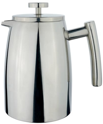 Grunwerg Café Stal Belmont 6 Cup Double Walled Cafetiere Coffee Maker, Mirror Finish, 800 ml,Silver | Double-wall stainless steel cafetière helps keep coffee hotter for longer with a reusable filter and cool-touch handle.