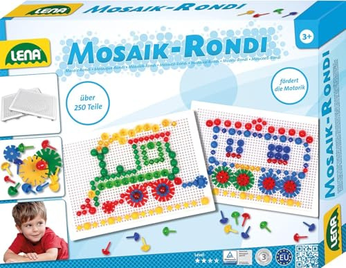 Lena 35710 - Mosaik Steckspiel & Rondi Spielset 3 in 1, mit 240 Mosaiksteckern 10 mm und 15 mm, 2 Stiftplatten je 28 x 19,5 cm und 22 Rondi Bauteilen, Bau- und Steckspielzeug für Kinder ab 3 Jahre