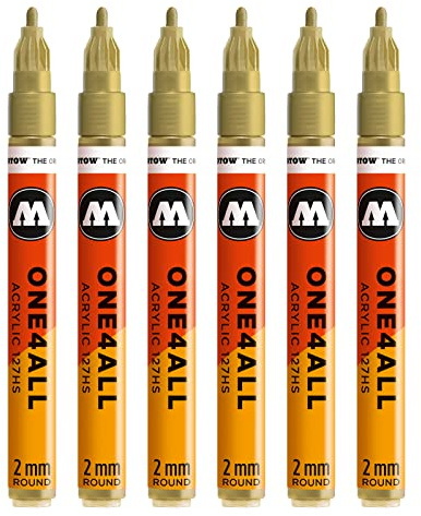 Molotow One4All 127HS akrylmärkpenna (2,0 mm linjetjocklek, hög täckning och permanent, UV-beständig, för nästan alla ytor) 6 stycken färg 228 metallic guld