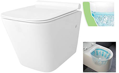 Spülrandloses/Keramik Design Hänge-WC inkl. Softclose WC-Sitz Slim aus Duroplast+ Absenkautomatik SoftClose-Funktion | Keramik Wand Tiefspüler Wand-WC-Set | Klo | Bad | Gäste-WC | Rimless | RAUL