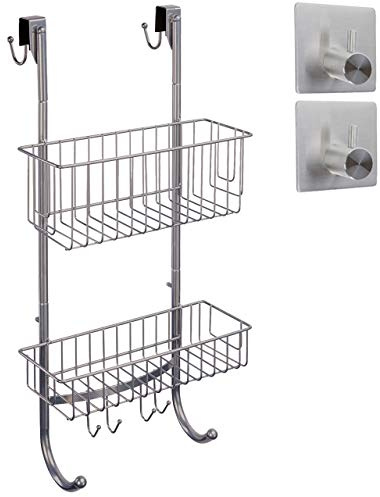 Mensola per Doccia da Appendere in Finitura Grigio/Cromo – 2 Livelli di Ripiani per Doccia, 59,3 x 30 x 11 cm, in Acciaio Inossidabile, Cestino da Doccia Senza Fori + 2 Ganci Adesivi