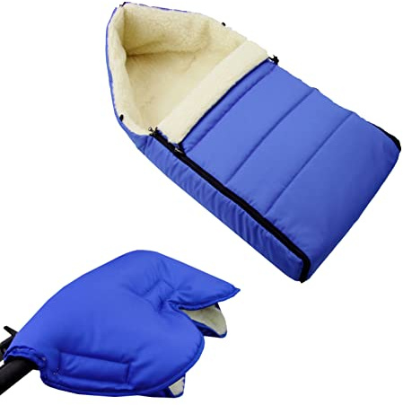BAMBINIWELT KOMBI-ANGEBOT Muff + vinterväska 90 cm – av lammull för barnvagn, buggy, hjulberlock – ylle – fodrad blå