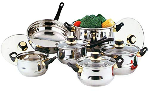 12 Pcs Stainless Steel Essential Cookware Set with Lids & Sturdy Handles Saucepan Pot Prima Kitchen Cook Fry pan Casserole Pan Home Chef Cooking Housewarming Gifts UK Free P&P