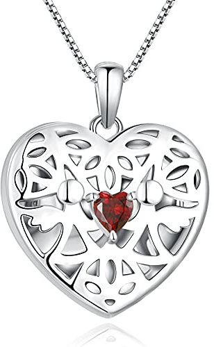 FJ Herz Foto Medaillon Anhänger Halskette Schutzengel Kette Damen 925 Sterling Silber Bilder Memory Medaillon Kette mit Januar Geburtsstein Granat Schmuck Geschenke für Frauen Mädchen