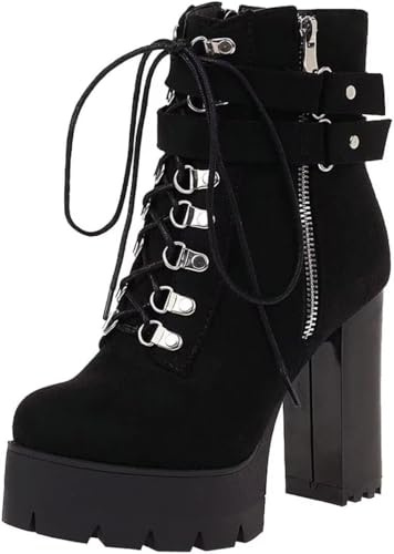 Agodor Women's Goth Platform Combat Booties Lace up Round Toe Chunky High Heel Gothic Ankle Boots (US 12.5, black)
