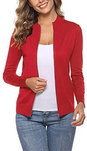 Aottori Cárdigan de Punto con Cremallera para Mujer,Chaqueta de Punto Sueter Manga Larga Abrigo Suéter Rebeca Chaqueta de Jerseis Rojo XL