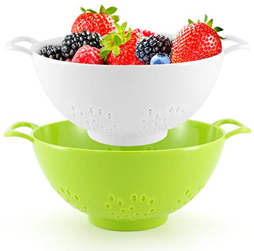 Meadow Lane 6-inch Small Colander, BPA-Free, Dishwasher Safe, Double Handles, Compact Food Strainer for Berries, Veggies and Pasta, 3-Cup Capacity, Green and White, 2-Pack