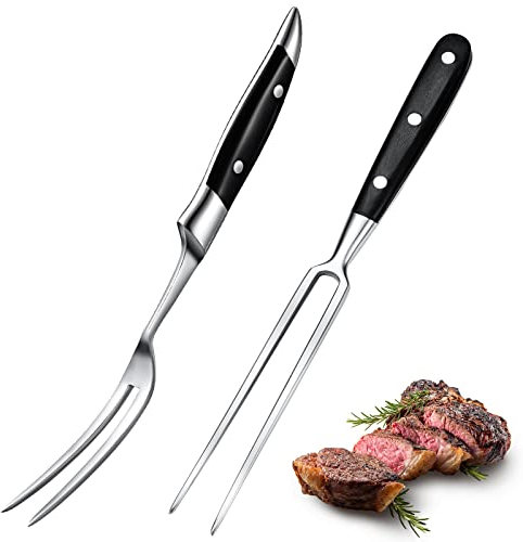 Chengu Kitchen Carving Meat Forks 2 Pieces 12 Inch Stainless Steel Serving Cooking with Wood Handle Classic Grill with ABS Handle Xmas Black Barbecue BBQ Fork Carving Set