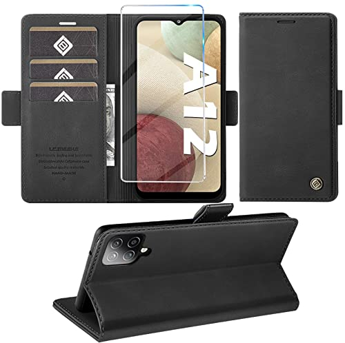 2022-Upgrade Handyhülle für Samsung Galaxy A12 Hülle mit Schutzfolie, [Standfunktion] [Kartenfach Wallet] Premium Leder Schutzhülle Flip Case Stoßfeste Klapphülle A12/M12 Tasche (Schwarz)