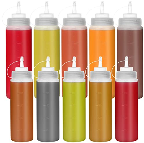 Happybase Confezione da 10 bottiglie da spremere con tappo, 226,8 g, 453,6 g, dispenser in plastica con misure per ketchup, barbecue, salse, sciroppo, condimenti