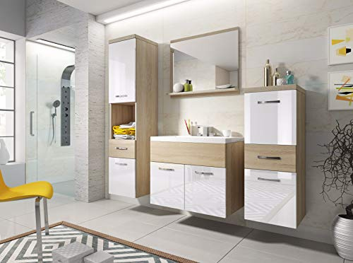 PIASKI Alba - Set di mobili da bagno con lavabo, armadio alto, armadio medio, specchio con ripiano, piano laminato e metallo, mobili sospesi, sonoma/bianco lucido