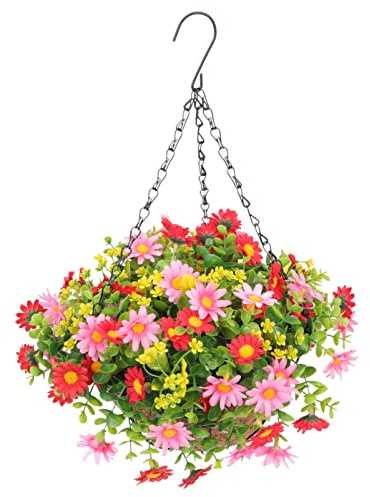 GANAZONO Artificial Flowers Hanging Basket Garden Decor Faux Petunias Daisies Eucalyptus Leaves Outdoor Indoor Hanging Basket Patio Porch Yard Home Decoration