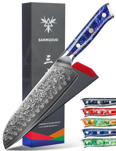 SANMUZUO Damastmesser 18 cm Santokumesser - Japanisches Kochmesser - VG 10 Damaskus Stahl Küchenmesser mit Harzgriff - Xuan Serie(Saphirblau)