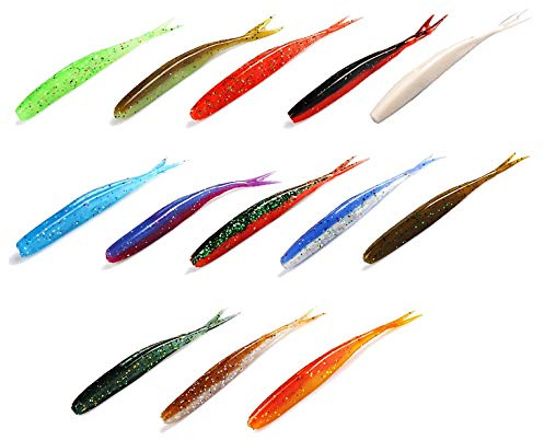 Dropshot Gummiköder 75 mm – 12er Set Softjerk/Jerkbait mit Gabelschwanz – Finesse Köder für Barsch, Zander & Hecht – weiche Gummimischung, lebhafte Aktion