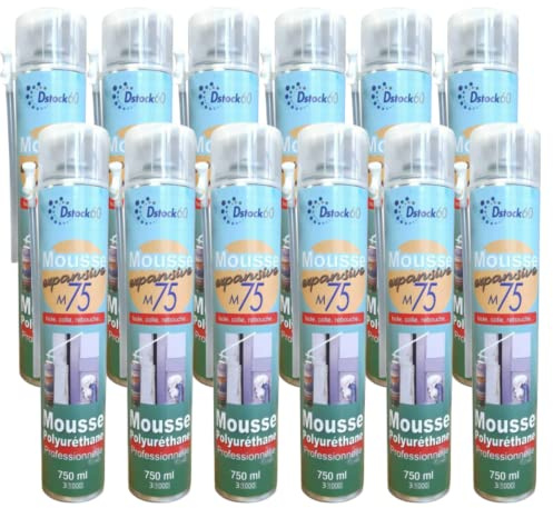 DSTOCK60 - Lot de 12 mousses expansives Manuelles - 750ml - Mousse polyuréthane professionnelle manuelle - Isole, colle et rebouche - Extérieur et intérieur