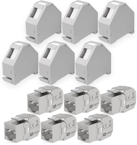 hb-digital Kit : 6 modules Keystone Cat.7 RJ45 + 6 adaptateurs de rail DIN Support Keystone pour rail DIN standard 35 mm | RJ45 blindé sans outil Montage Ethernet LAN Réseau STP LSA