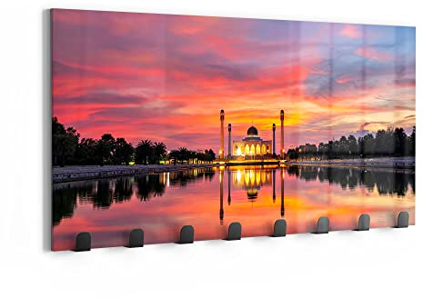 DEQORI Wandgarderobe Glas & Metall | Motiv Moschee im Abendpanorama | 60x30 cm | Design Haken-Leiste modern | Garderoben-Paneel für Flur, Wohnzimmer & Schlafzimmer | magnetisch & beschreibbar