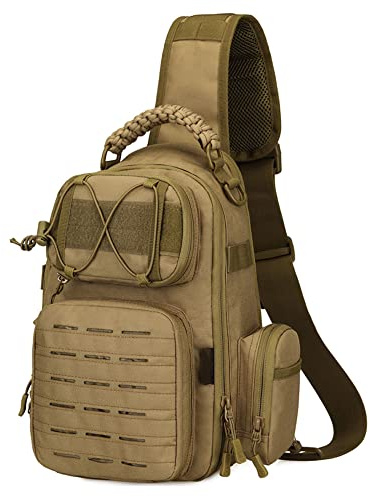 Vmokki Taktischer Sling Rucksack 1000D Nylon Wasserdicht Militär Schulterrucksack Herren Damen Umhängetasche Crossbody Bag für Alltag Reise Outdoor Wandern Sport (Khaki)