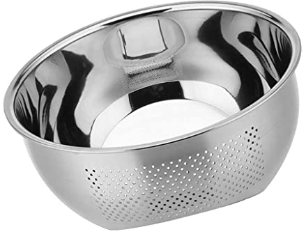 misppro Cuenco de acero inoxidable para lavar arroz, colador de metal con escurridores laterales, plateado, 23 cm