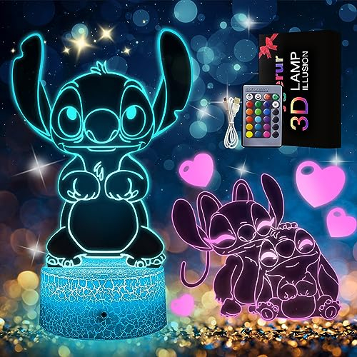 Eygerur 2 Stück Stich Lampe, Stich Geschenke, 3D LED Illusion 16 Farben Stich Nachtlicht USB Smart Touch Fernbedienung Tischlampe Stich Licht für Kinderzimmer Dekoration Urlaub Geschenke