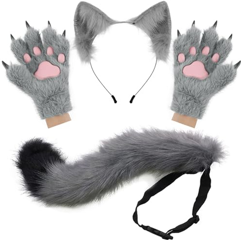 hbbhml Flauschige Ohren Schwanz und Katzenpfoten Handschuhe Set Kostümzubehör für Halloween Weihnachten Karneval und Partys