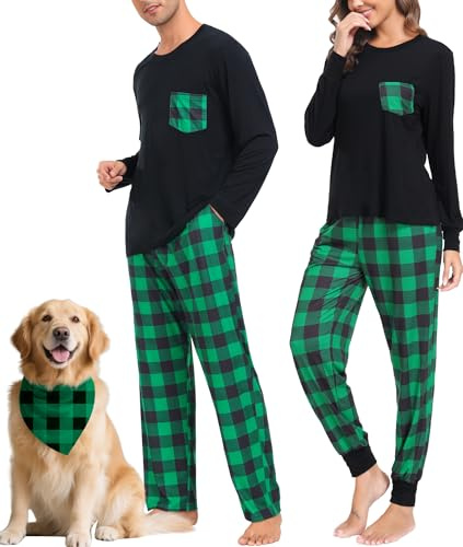 SWOMOG Weihnachten Schlafanzug Buffalo Plaid Pyjama Hose mit Taschen Langarm Oberteile Paare & Familie Pjs