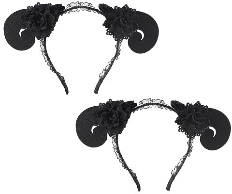 Rose Blumenkrone Haarband Stirnbänder mit Schleier Haarschmuck Haarreif Floral Headwear Festival Gothic Kostüm Schädel Tag Der Toten Kopfbedeckung für Halloween (Horn headband-2er Pack, One size)