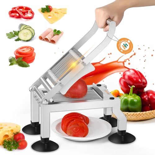 Newhai Commercial Tomato Slicer 0.4”/10mm Thickness Manual Tomato Cucumber Onion Ham Egg Cutter Heavy Duty Stainless Steel Slicer Tool with 4 Suction Cups for Restaurant Home Use