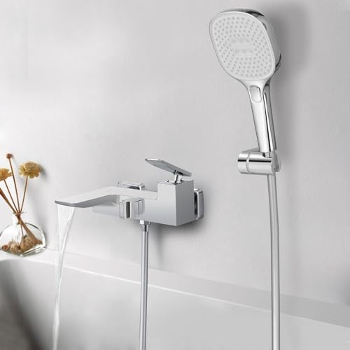 PHASAT Badewannenarmatur mit Handbrause Wandmontage Wasserfall Badewanne Armatur mit 3 Modi Handbrause Mischbatterie Messing Set, Chrom PTBC12E