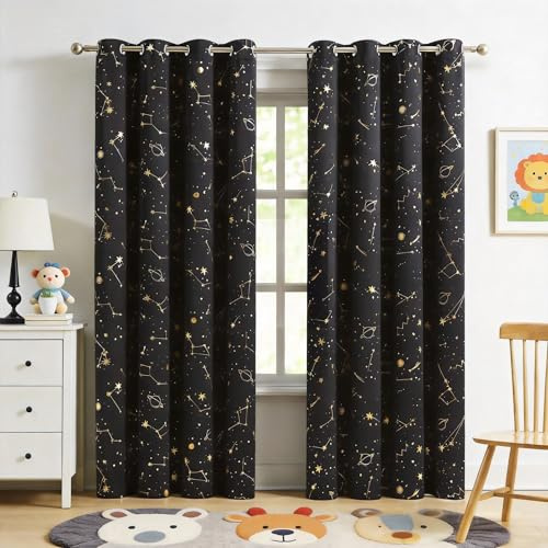 ZHOCHI Stellar Metallic Full Blackout Window Curtain Panels 63 Inches Long Grommet Design for Kid Energy Efficient Thermal Insulated Window Treatment Set for Boys Bedroom/Nursery, 52x63x2,Black