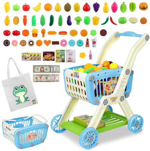 Kids Shopping Cart - 2 in 1 Toy Shopping Cart with Play Food Fruit Vegetable Dessert and Shop Accessories, 72pcs Pretend Play Grocery Store Toy Kitchen Game Trolley Play Set for Kids (Blue)