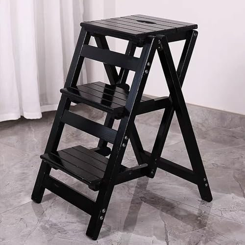 Wooden 3 Step Ladder Chair, Multifunction Wood Ladder Stool Innovative Step stool Folding Fold Up Ladder Kitchen Office Library Steps Climb Ladder