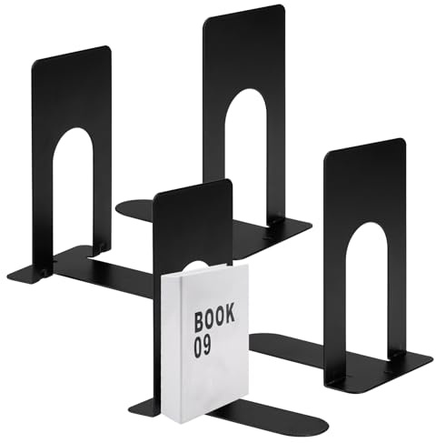 4Pcs Buchstütze Metall, 80x70 x130mm Buchstützen, Bücherhalter für Bücher | Magazine und DVDs Organzier, Schwarz Bücher Halterung Regal für Kinder, Schule, Bibliothek