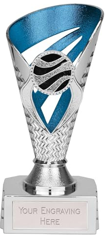 TROPHIESPLUSMEDALS Silver Blue Voyager Trophy Cup, 15cm, Engraving | Two-tone resin trophy cup from the Voyager Collection with free engraving on personalised plate, ideal for school and sports.